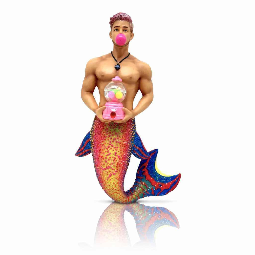 Bubble Gum Merman collectible ornament blowing a pink bubble while holding a vintage bubble gum machine with colorful gumballs.