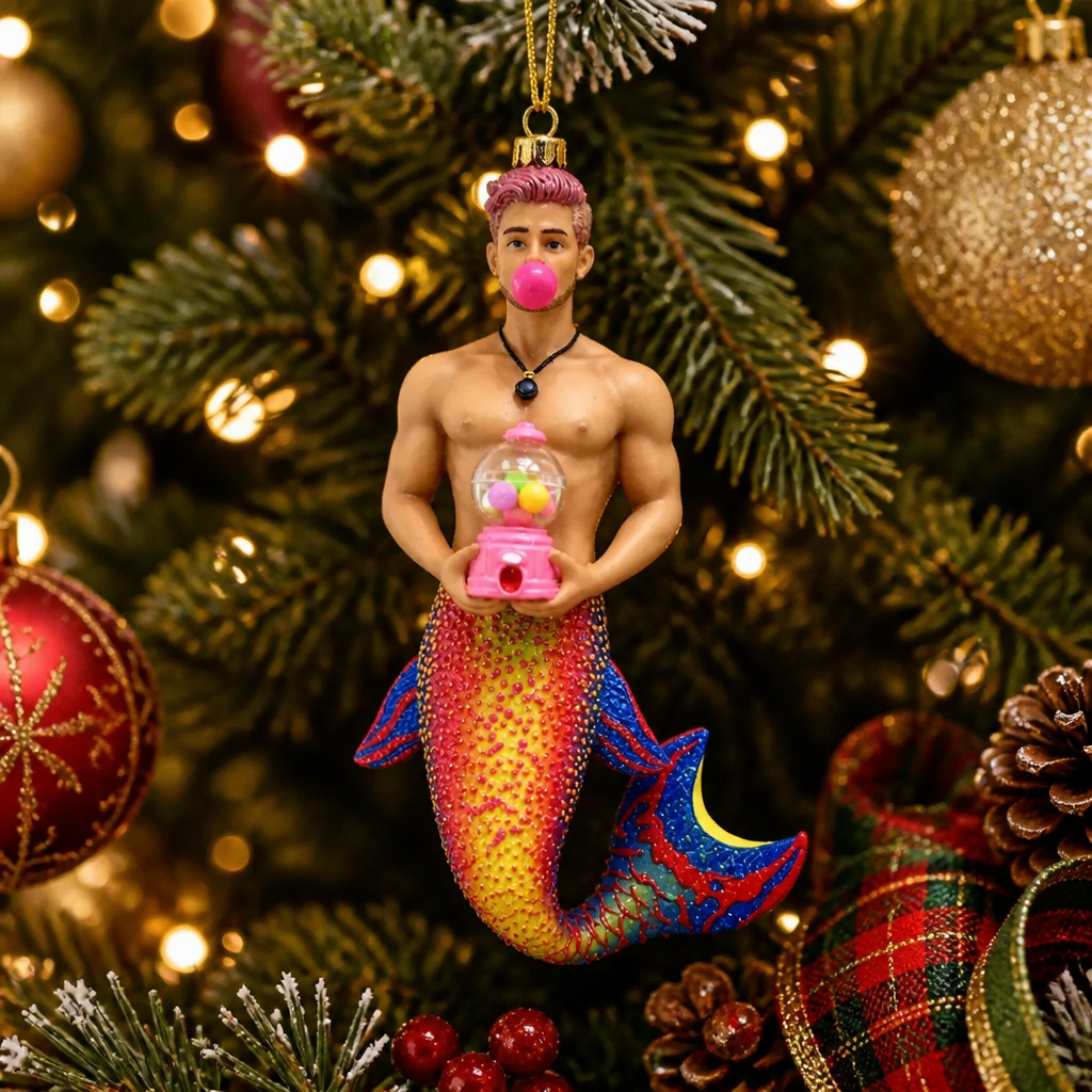 Bubble Gum Merman collectible ornament blowing a pink bubble while holding a vintage bubble gum machine with colorful gumballs.