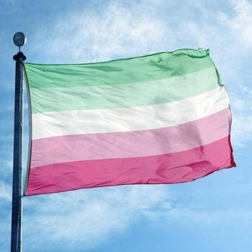 Abrosexual Pride outdoor flag with green white pink and magenta horizontal stripes against a blue sky