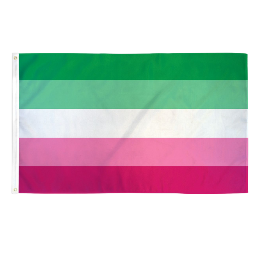 Abrosexual Pride outdoor flag with green white pink and magenta horizontal stripes against a white background