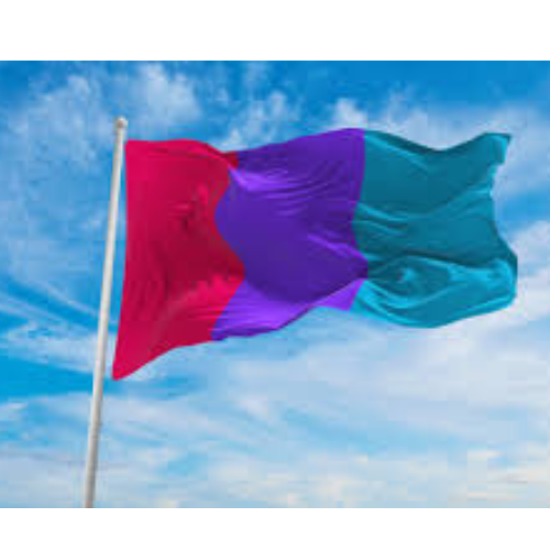 Androgyne Pride outdoor flag with pink purple and blue horizontal stripes against a blue sky