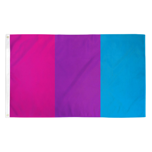 Androgyne Pride outdoor flag with pink purple and blue horizontal stripes on a white background