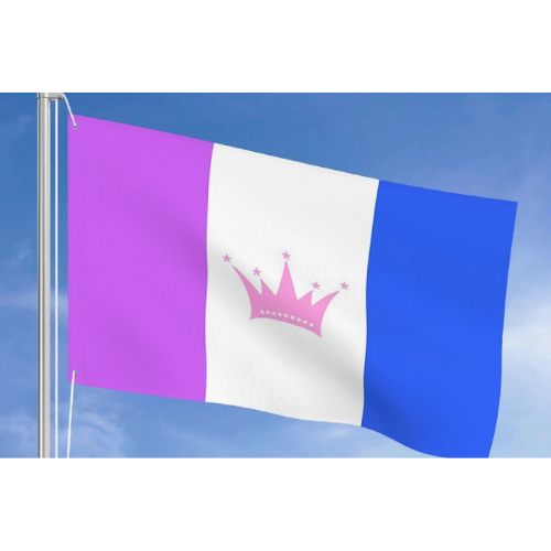 Drag Queen Pride outdoor flag with purple white blue vertical stripes crown and stars design against a blue sky