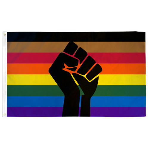 QPOC Black Pride outdoor flag with rainbow stripes black brown stripes and raised black fist symbol