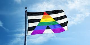 Ally Pride outdoor flag with rainbow A symbol and black white stripes against a blue sky