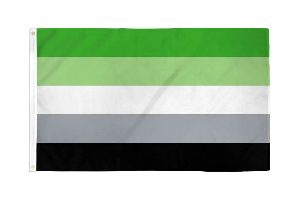 Aromantic Pride outdoor flag with green white gray and black stripes on a white background