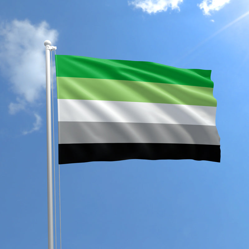 Aromantic Pride outdoor flag with green white gray and black stripes against a blue sky