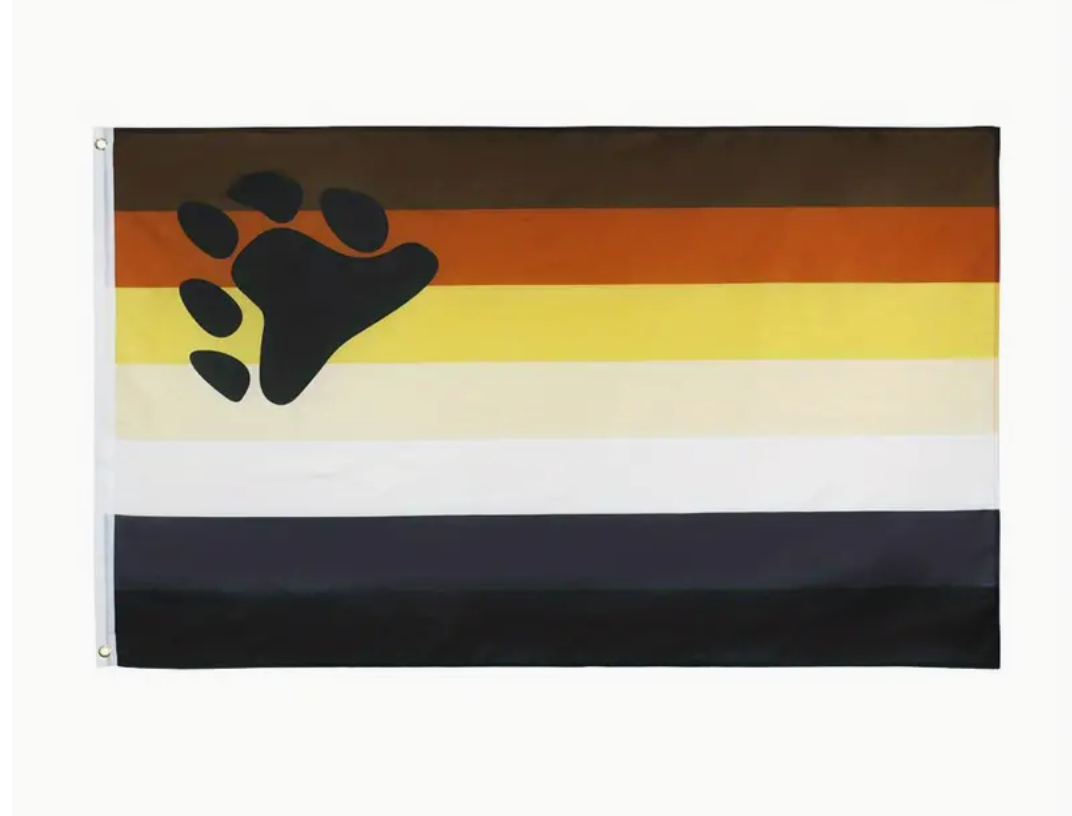 Bear Brotherhood Pride outdoor flag with paw print and multicolor bear stripes on a white background