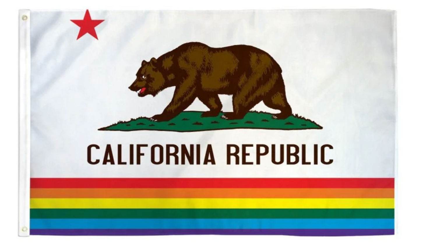 California Republic rainbow bear flag with LGBTQ Pride stripes in a 3x5 polyester design
