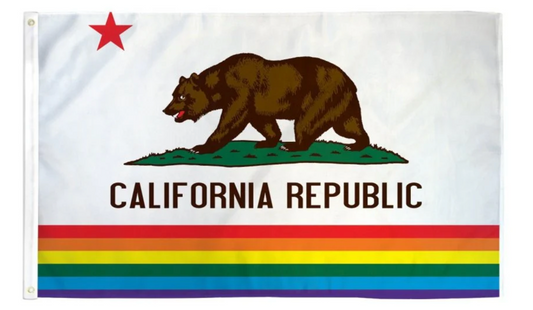 California Republic rainbow bear flag with LGBTQ Pride stripes in a 3x5 polyester design