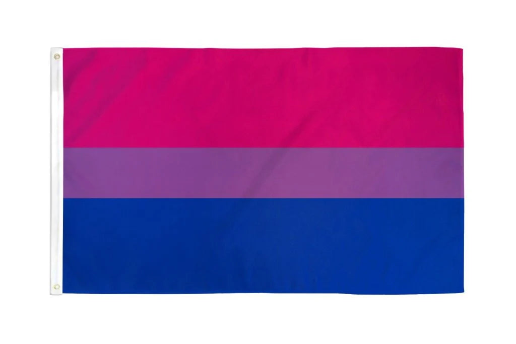 Bisexual Pride outdoor flag with pink purple and blue stripes on a white background