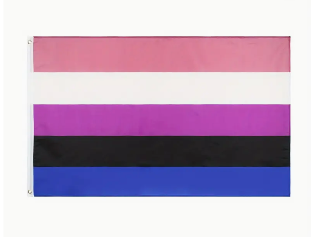 Genderfluid Pride outdoor flag with pink white purple black and blue stripes on a white background