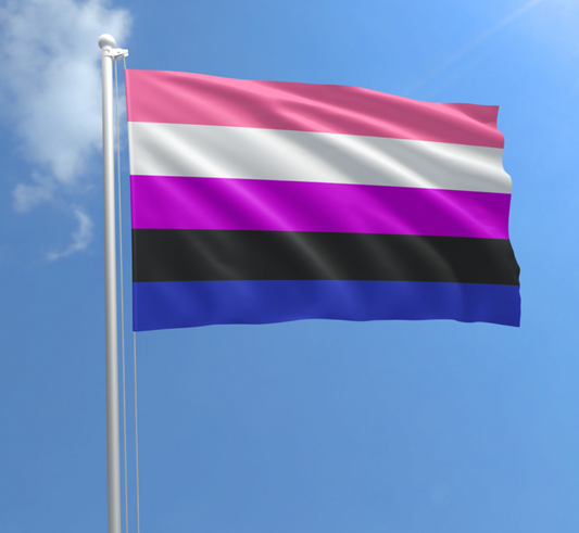 Genderfluid Pride outdoor flag with pink white purple black and blue stripes against a blue sky