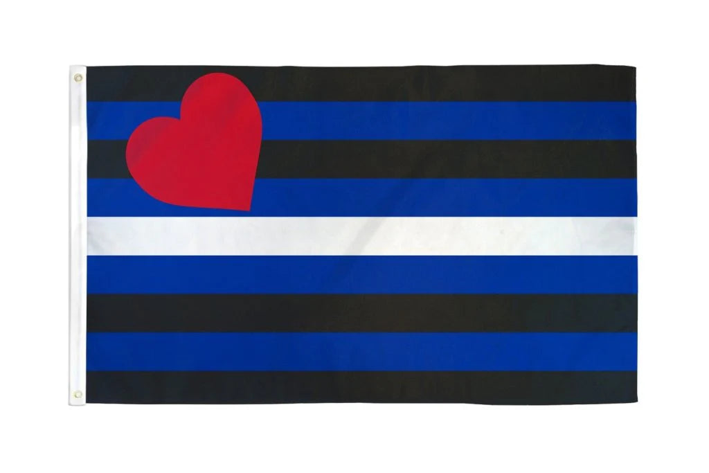 Leather Pride outdoor flag with black blue white stripes and red heart against a white background