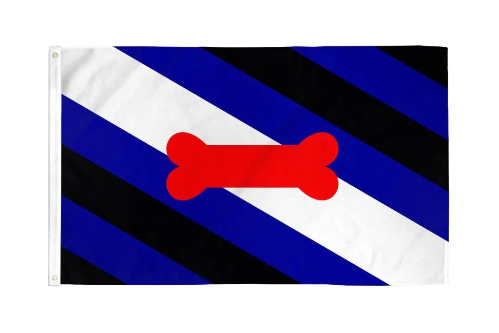 Leather Pup Pride outdoor flag with red dog bone and blue black white stripes