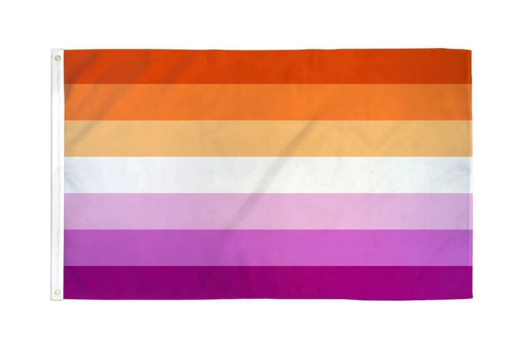 Sunset 7 Stripe Lesbian Pride outdoor flag with layered orange pink and white stripes on a white background