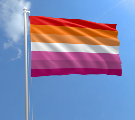 Sunset 7 Stripe Lesbian Pride outdoor flag with layered orange pink and white stripes on a blue sky background