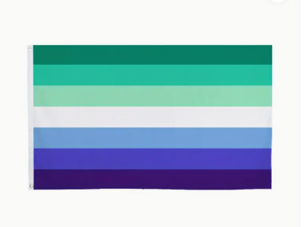 MLM Men Loving Men outdoor pride flag with teal green blue white and purple stripes on a white background