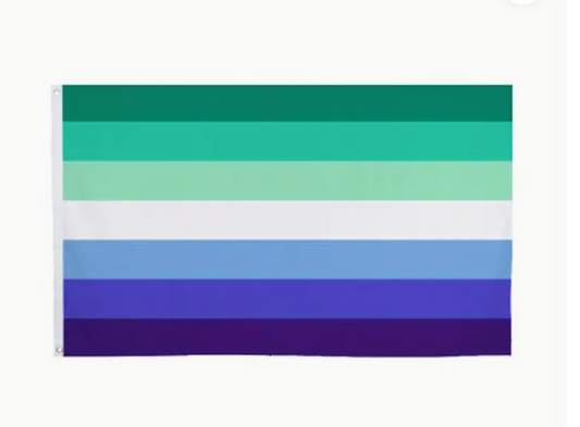 MLM Men Loving Men outdoor pride flag with teal green blue white and purple stripes on a white background