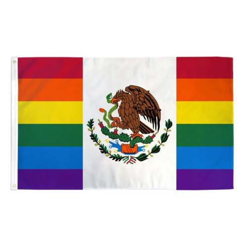 Mexican Pride outdoor flag combining rainbow pride colors with Mexican coat of arms against a white background