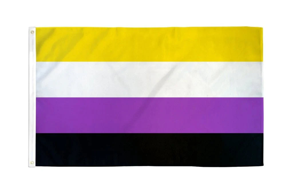 Nonbinary Pride outdoor flag with yellow white purple and black stripes on a white background
