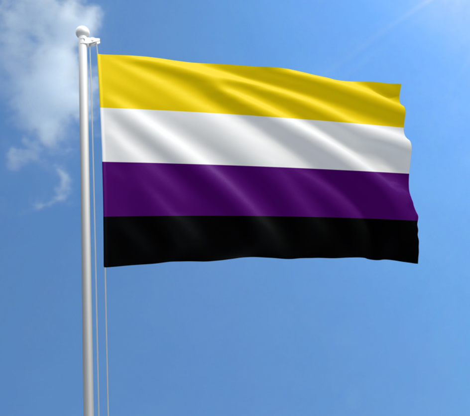 Nonbinary Pride outdoor flag with yellow white purple and black stripes against a blue sky