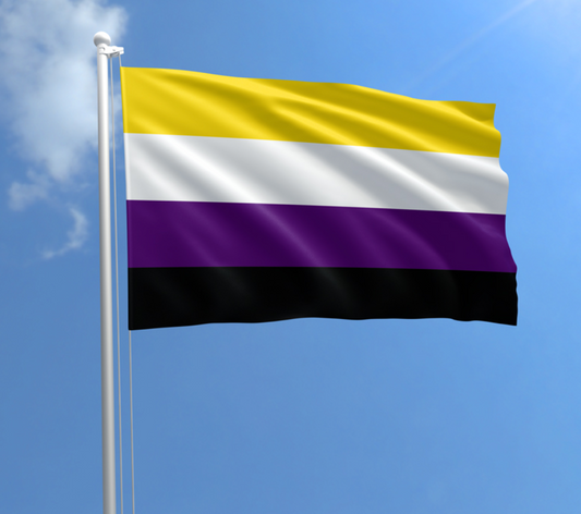 Nonbinary Pride outdoor flag with yellow white purple and black stripes against a blue sky