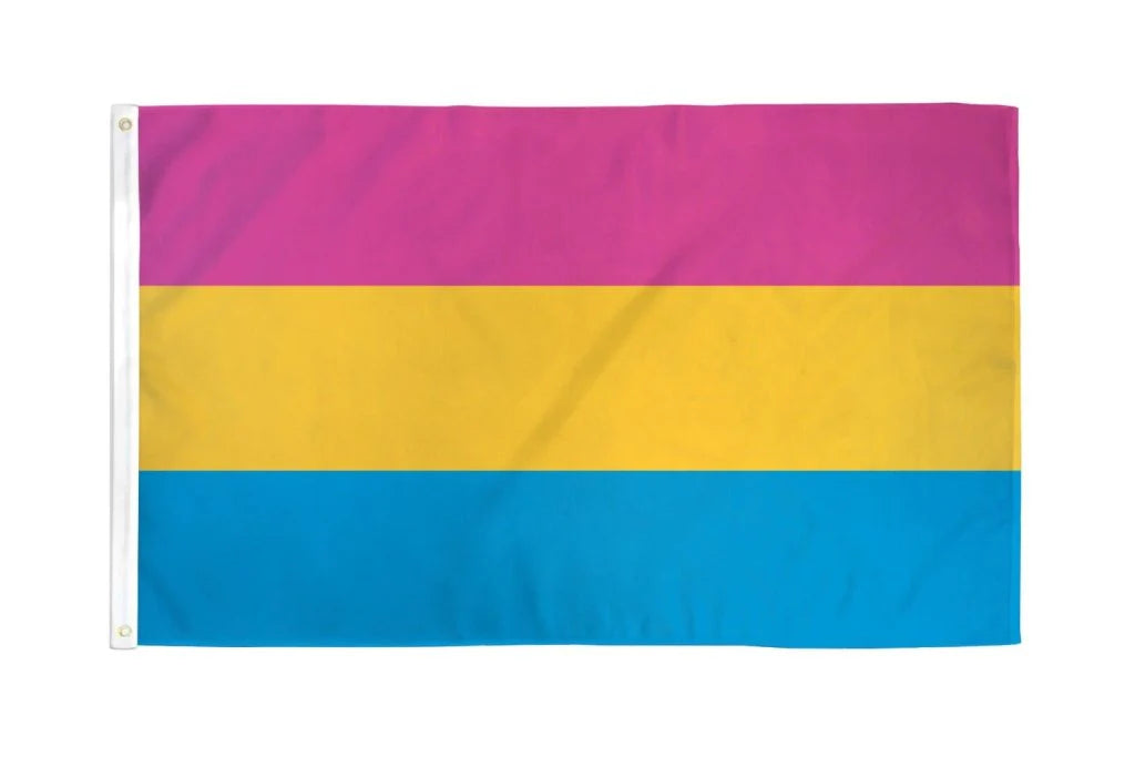 Pansexual Pride outdoor flag with pink yellow and blue stripes on a white background