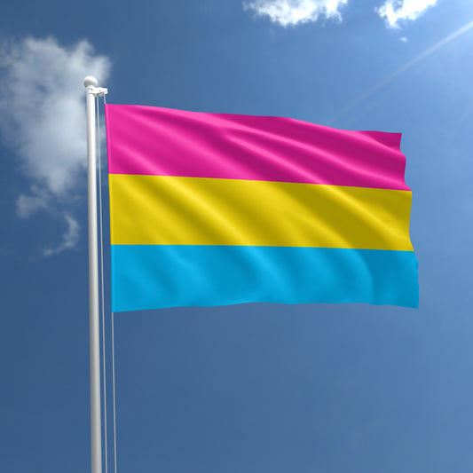 Pansexual Pride outdoor flag with pink yellow and blue stripes against a blue sky