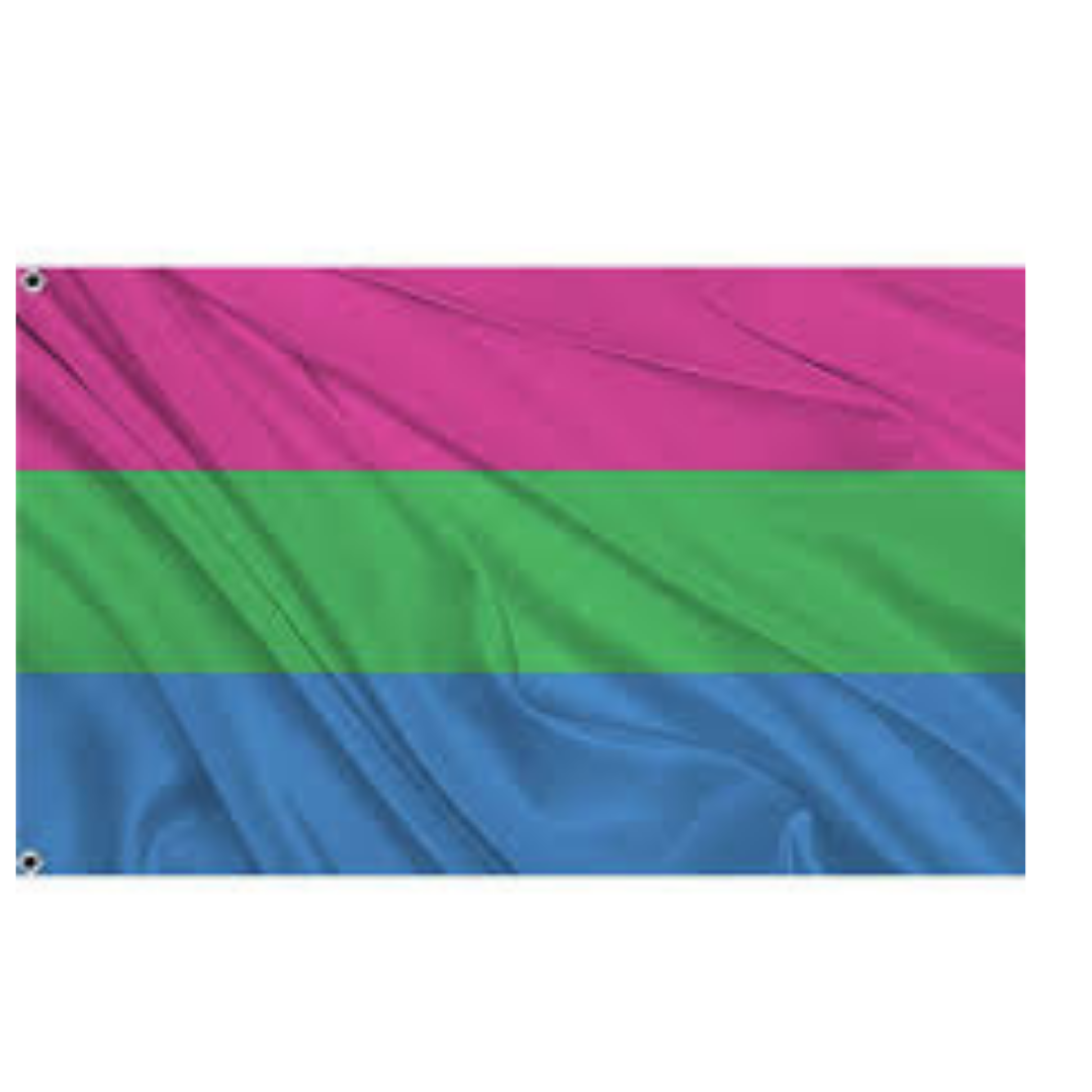 Polysexual Pride outdoor flag with pink green and blue horizontal stripes