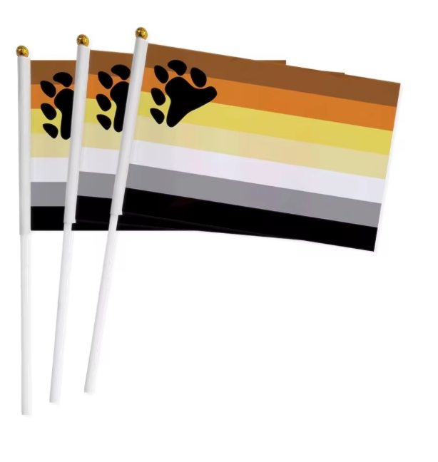 Bear Brotherhood handheld party flag featuring bear pride paw print and earth-tone stripes