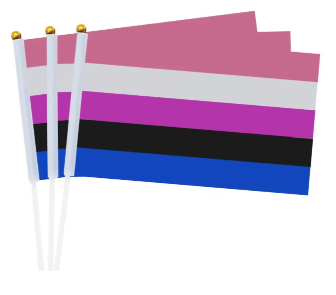 Genderfluid Pride handheld party flag with pink purple blue and black stripes