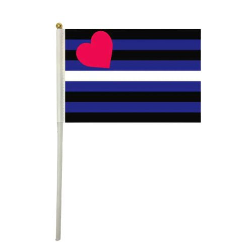 Leather Pride handheld party flag with leather community colors and red heart symbol