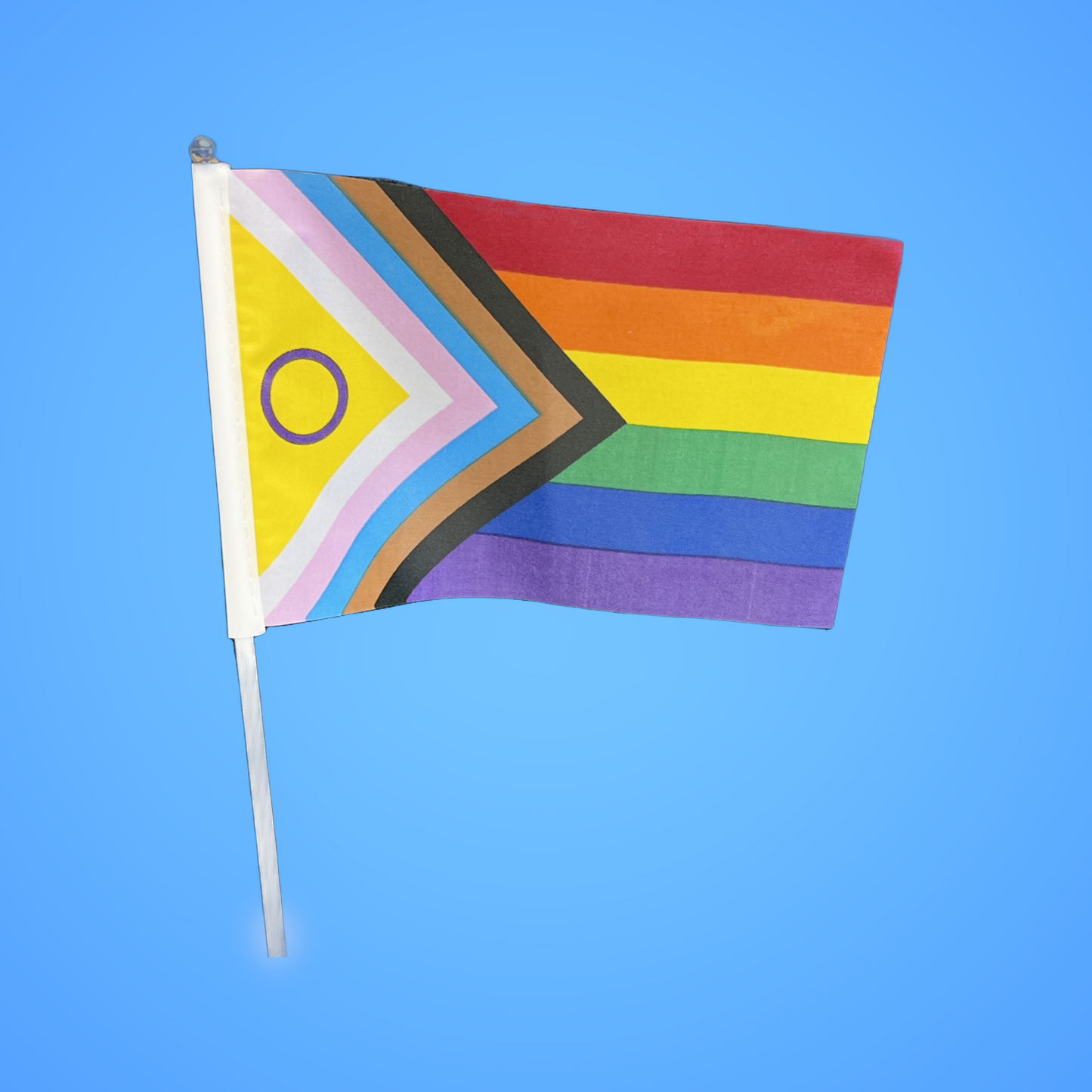 Progress Inclusive Pride handheld party flag with vivid rainbow colors