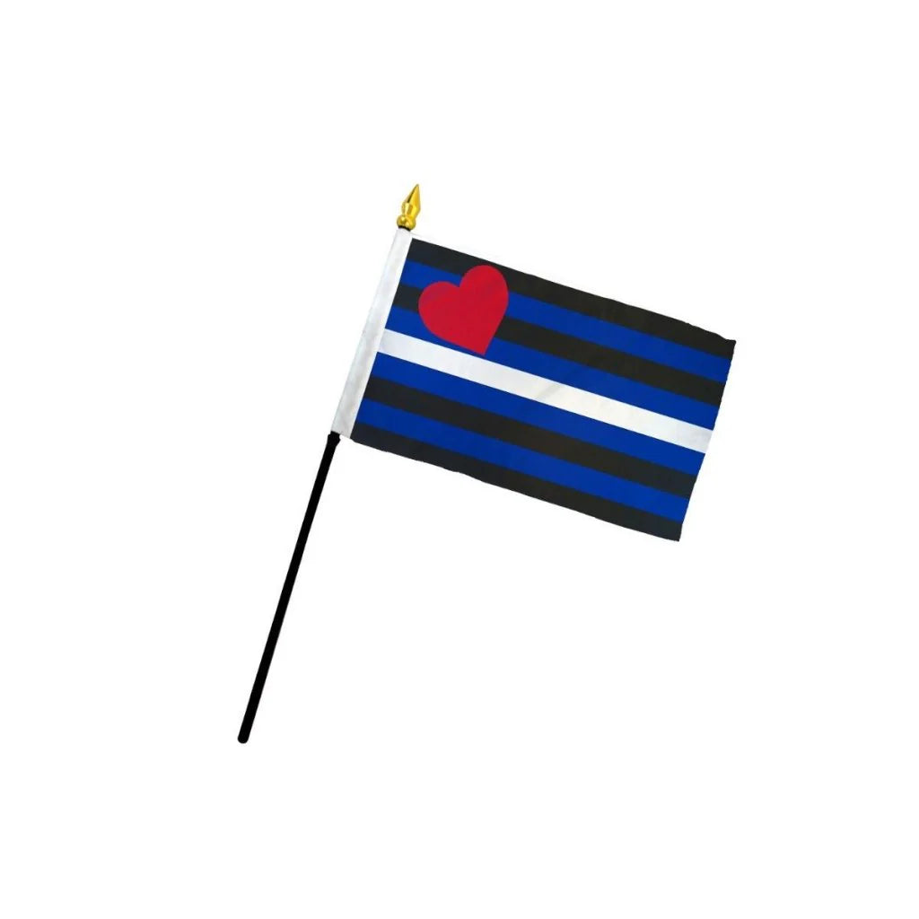 Leather Pride desktop flag featuring red heart and black blue stripe design