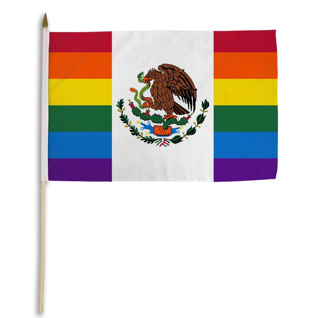 Mexican Pride stick flag with rainbow stripes and Mexican national emblem