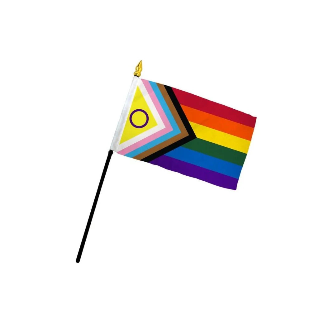 Progress Inclusive Pride desktop flag with intersex symbol and black display stick