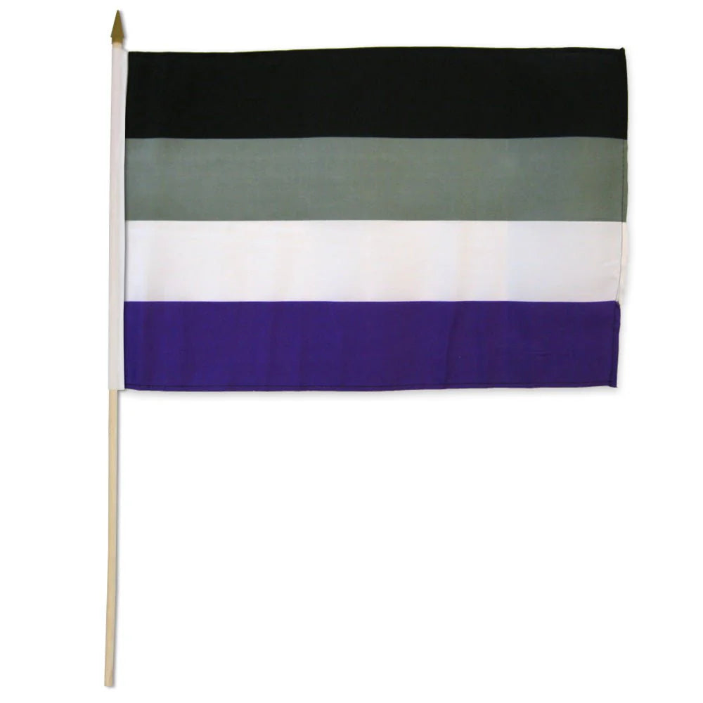 Asexual Pride stick flag mounted on wooden pole
