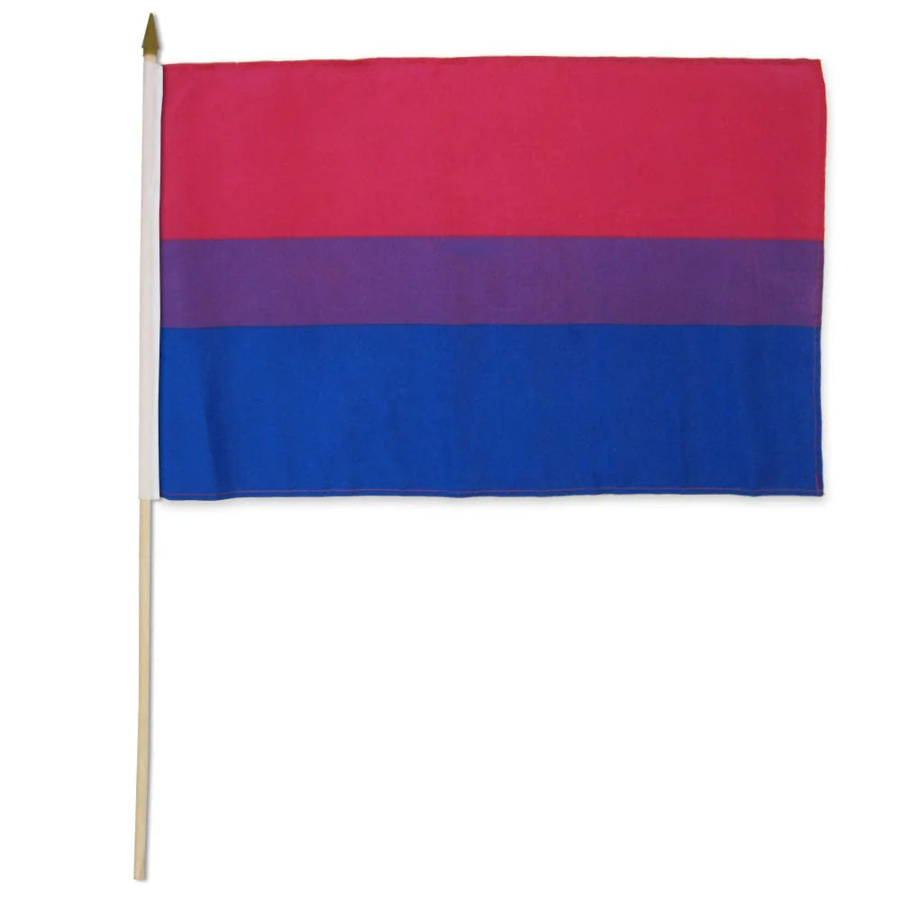 Bisexual Pride stick flag mounted on wooden pole