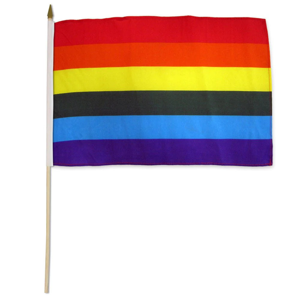 Classic Rainbow Pride stick flag mounted on wooden pole