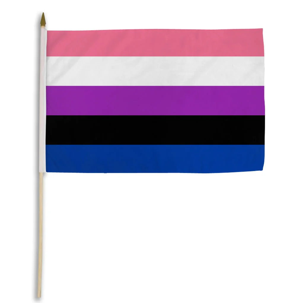Genderfluid Pride stick flag mounted on wooden pole