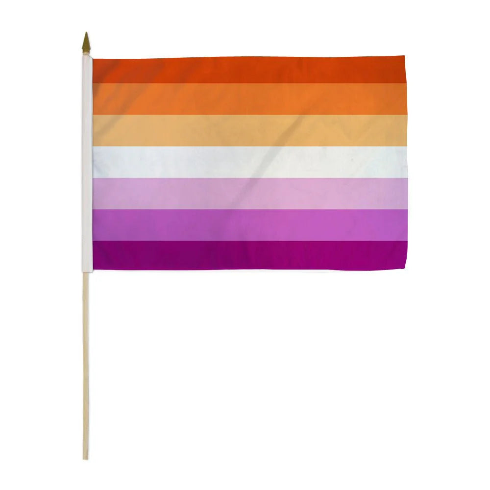 Sunset 7 Stripe Lesbian Pride stick flag mounted on wooden pole