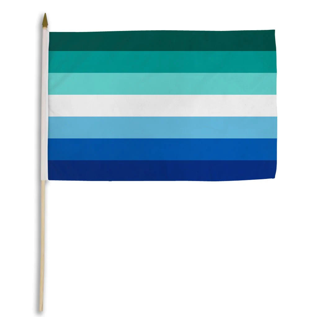 MLM Men Loving Men pride stick flag mounted on wooden pole