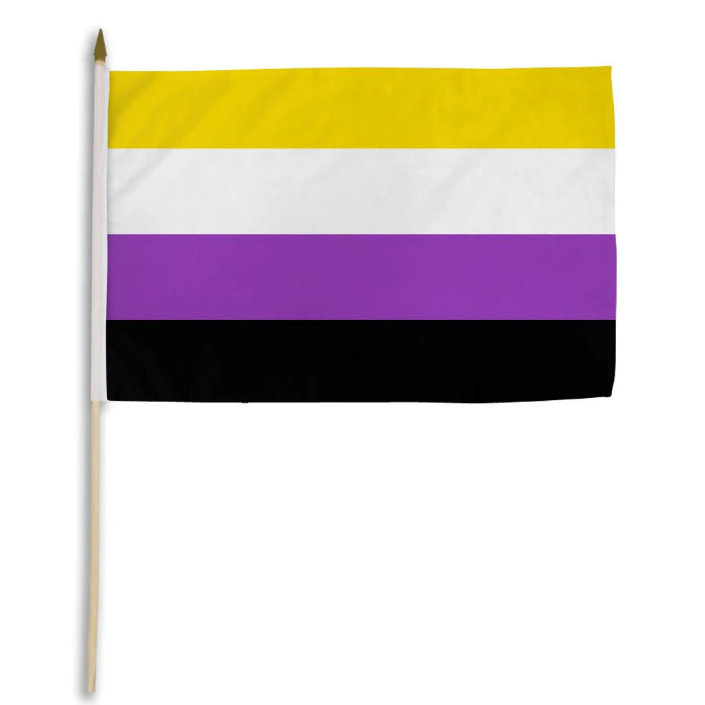 Nonbinary Pride stick flag mounted on wooden pole