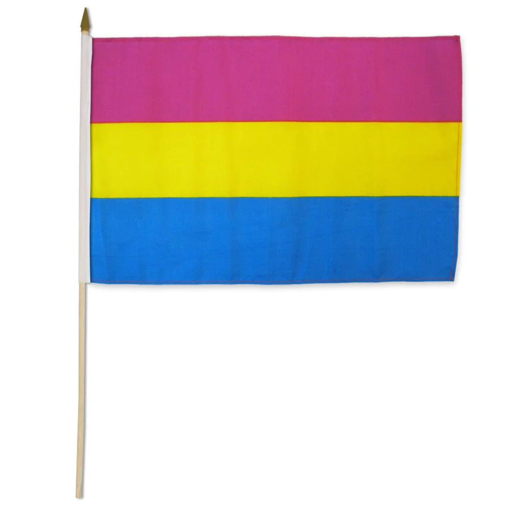Pansexual Pride stick flag mounted on wooden pole