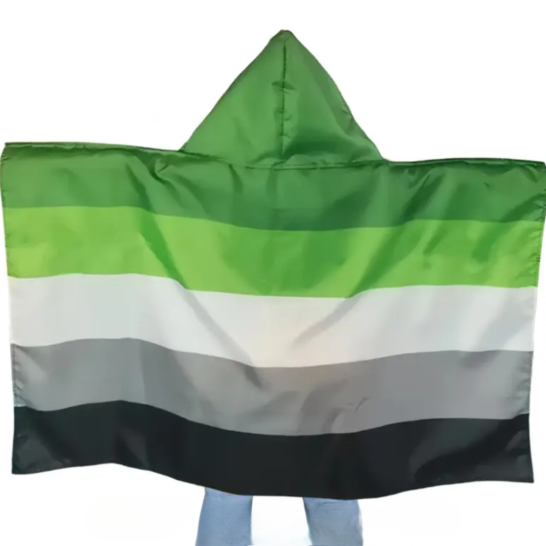 Aromantic Pride wearable hooded body flag with aro pride colors