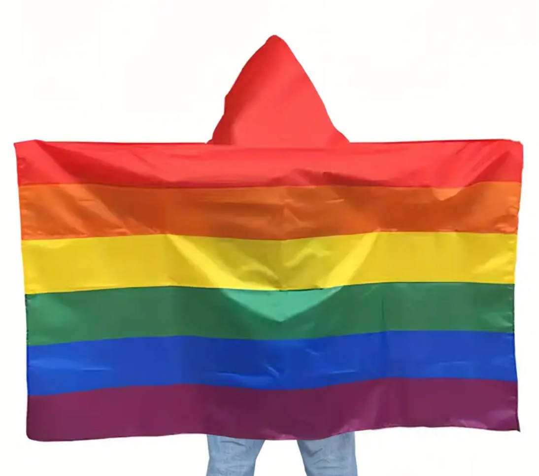 Classic Rainbow Pride wearable hooded body flag with six-color rainbow stripes
