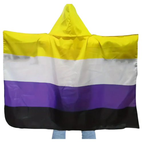 Nonbinary Pride wearable body flag with hood and yellow white purple black stripes