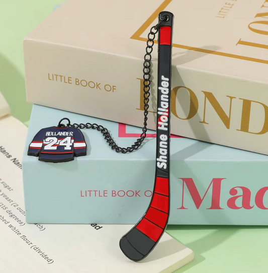 Heated Rivalry Hollander hockey stick metal bookmark with miniature jersey charm