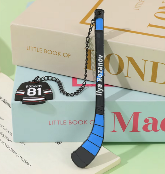 Heated Rivalry Rozanov hockey stick metal bookmark with miniature jersey jersey charm